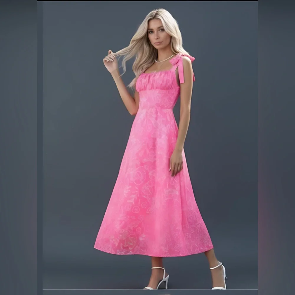 Last One 🔥 Pink Chiffon Floral Print Tie Shoulder Ruched Bust Cami Dress - Picture 4 of 8